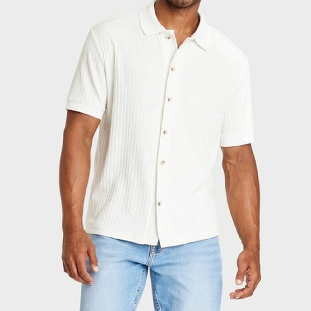 Goodfellow & Co Short Sleeve Full Button Polo Shirt, Ivory, XXL, Retro Style